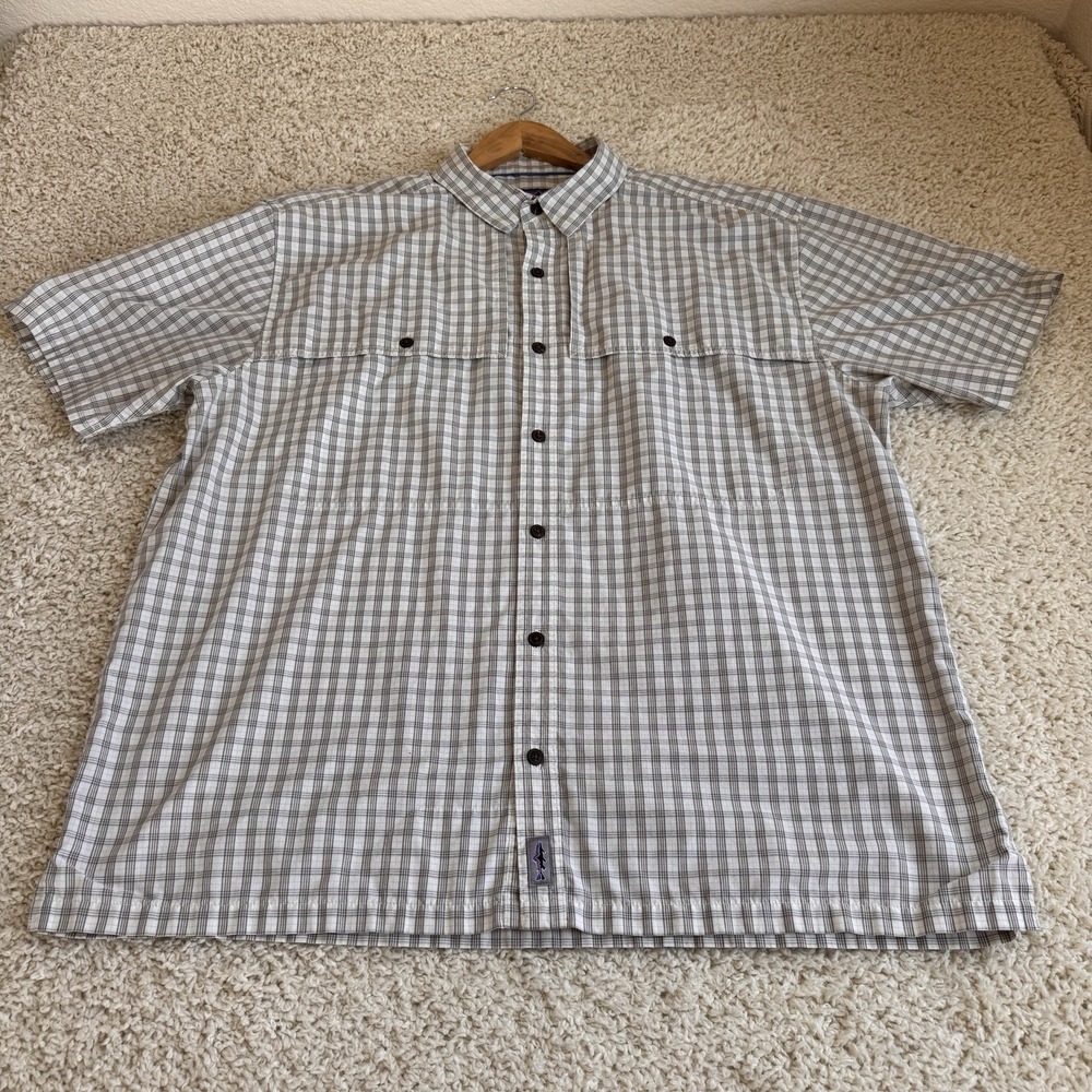 Patagonia Plaid Fishing Shirt Mens XXL Tan Grey Excellent Vented Short Sleeve